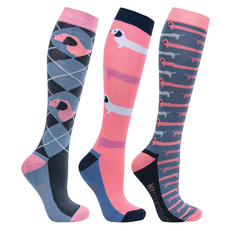 Hy Equestrian Dorris the Dachshund Socks - Pack of 3 - Riviera/Navy